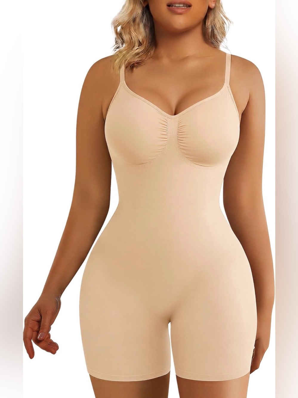 SHAPERX Tummy Control Bodysuit Mid Thigh Body Shaper Beige Size L/XL - C60-002